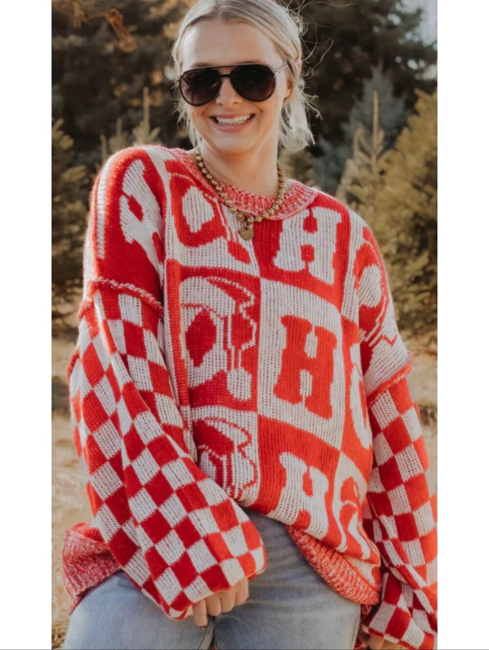 Fantastic Fawn Oversized Ho Ho Holiday Sweater Red & White Size S